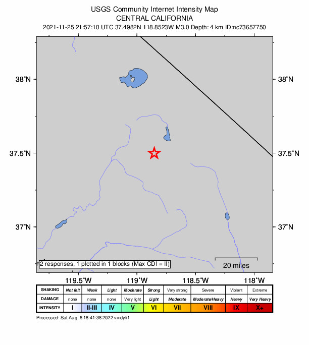 USGS DYFI community-reported intensity map for the M3.0 earthquake near 17km WSW of Toms Place, CA