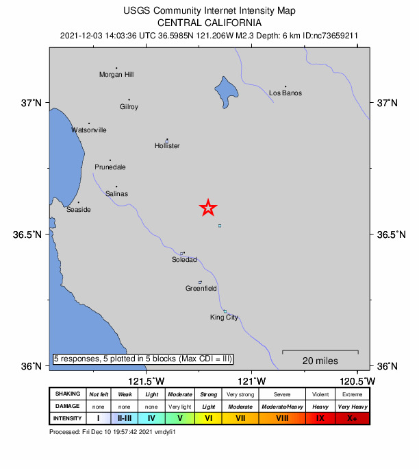 USGS DYFI community-reported intensity map for the M2.3 earthquake near 9km NW of Pinnacles, CA