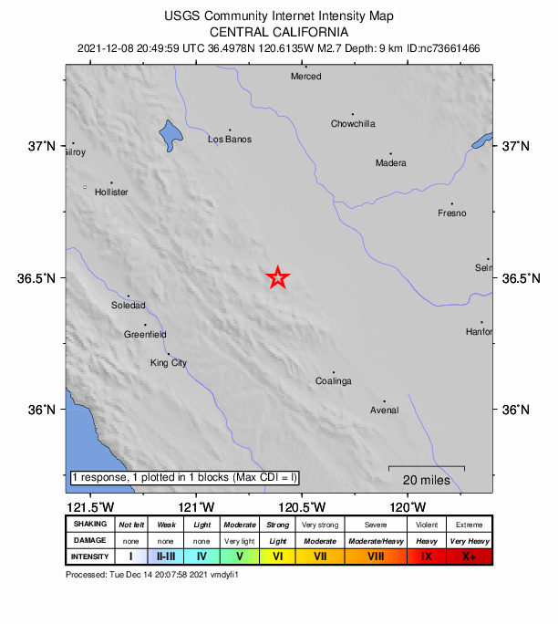 USGS DYFI community-reported intensity map for the M2.7 earthquake near 10km NNE of New Idria, CA