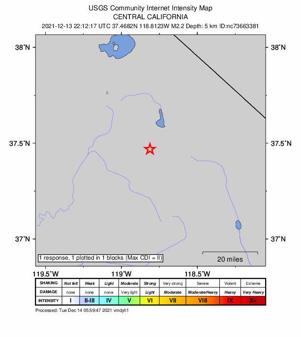 USGS DYFI community-reported intensity map for the M2.2 earthquake near 16km SW of Toms Place, CA