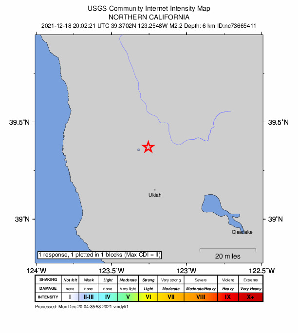 USGS DYFI community-reported intensity map for the M2.2 earthquake near 10km ESE of Willits, CA