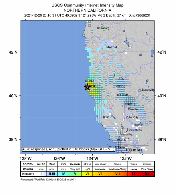 USGS DYFI community-reported intensity map for the M6.2 earthquake near 7km N of Petrolia, CA