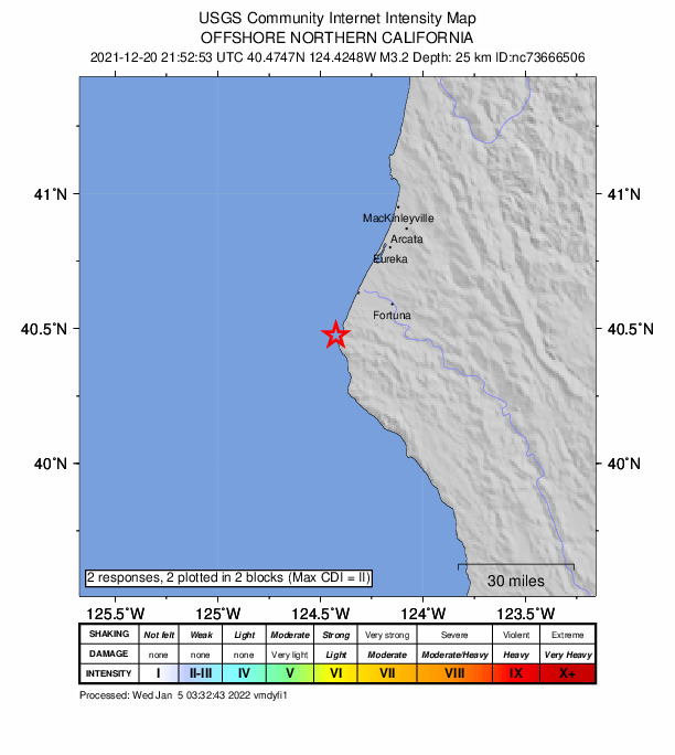 USGS DYFI community-reported intensity map for the M3.3 earthquake near 18km SW of Ferndale, CA