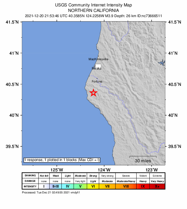 USGS DYFI community-reported intensity map for the M3.9 earthquake near 6km NE of Petrolia, CA
