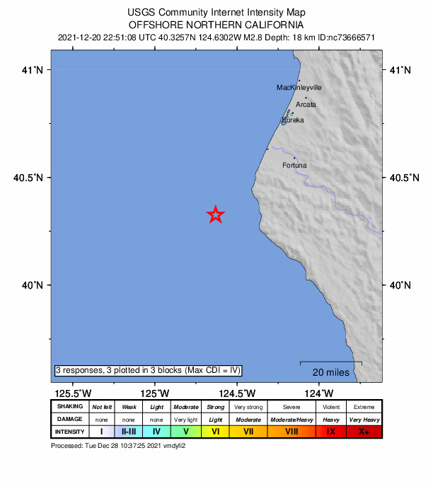 USGS DYFI community-reported intensity map for the M2.8 earthquake near 29km W of Petrolia, CA