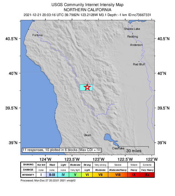 USGS DYFI community-reported intensity map for the M3.1 earthquake near 3km E of Covelo, CA