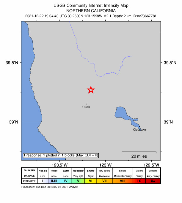 USGS DYFI community-reported intensity map for the M2.1 earthquake near 4km E of Redwood Valley, CA