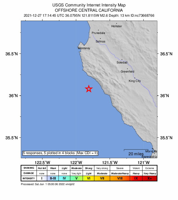 USGS DYFI community-reported intensity map for the M2.6 earthquake near 23km WNW of Lopez Point, CA