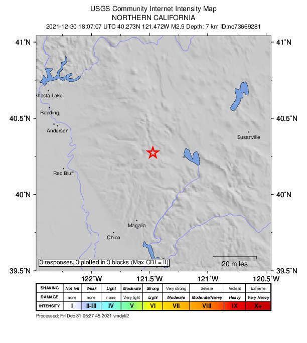 USGS DYFI community-reported intensity map for the M2.9 earthquake near 12km SE of Mineral, CA