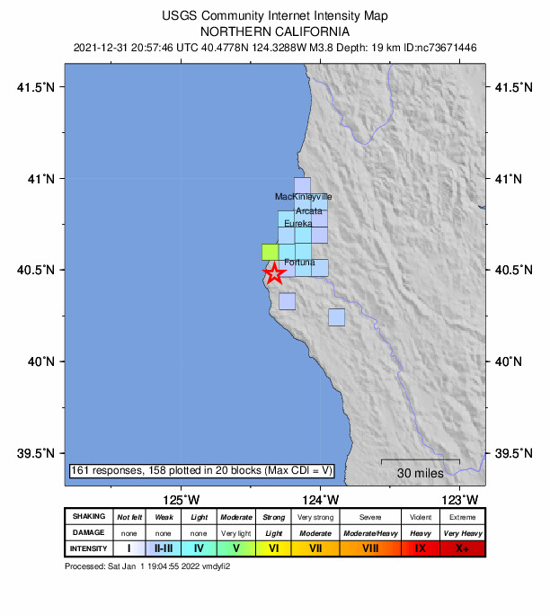 USGS DYFI community-reported intensity map for the M3.8 earthquake near 12km SSW of Ferndale, CA