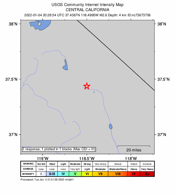 USGS DYFI community-reported intensity map for the M2.6 earthquake near 9km ENE of Round Valley, CA