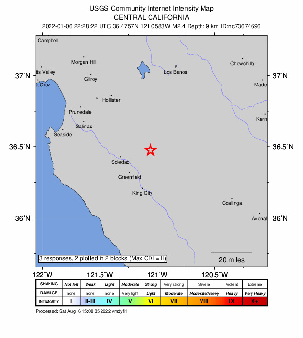 USGS DYFI community-reported intensity map for the M2.4 earthquake near 10km SE of Pinnacles, CA