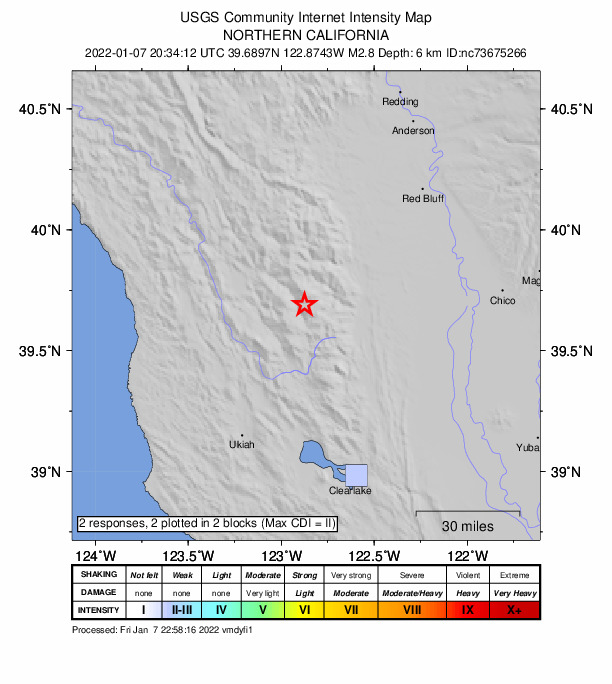 USGS DYFI community-reported intensity map for the M2.8 earthquake near 14km WNW of Alder Springs, CA