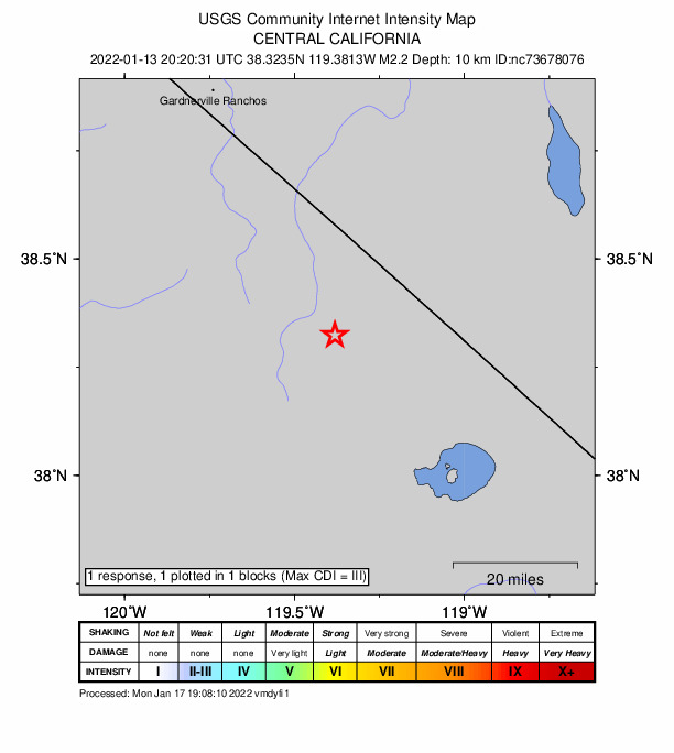 USGS DYFI community-reported intensity map for the M2.2 earthquake near 15km WNW of Bridgeport, CA