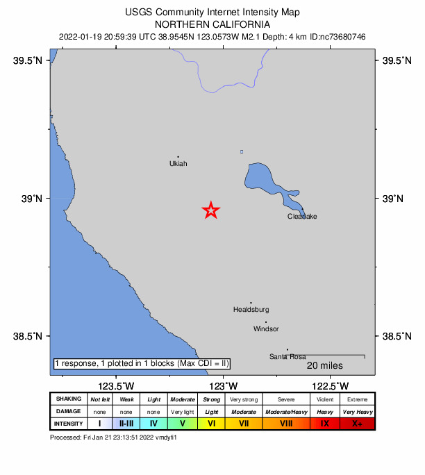 USGS DYFI community-reported intensity map for the M2.1 earthquake near 16km SW of Lakeport, CA