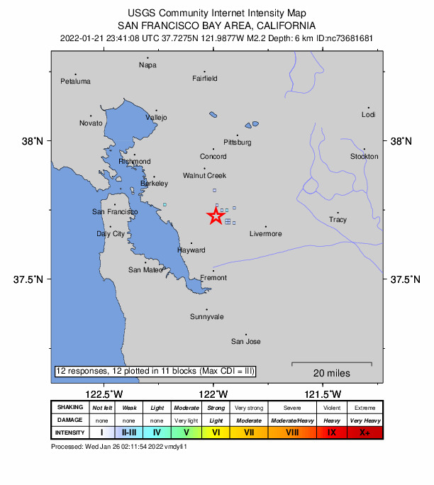 USGS DYFI community-reported intensity map for the M2.2 earthquake near 5km WNW of Dublin, CA