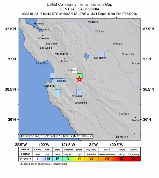 USGS DYFI community-reported intensity map for the M3.1 earthquake near 14km SSE of Tres Pinos, CA