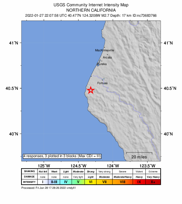 USGS DYFI community-reported intensity map for the M2.7 earthquake near 12km SSW of Ferndale, CA