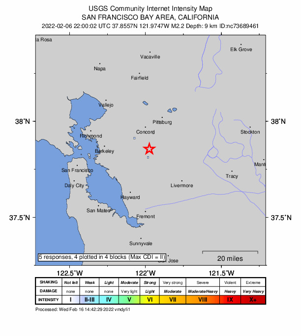 USGS DYFI community-reported intensity map for the M2.2 earthquake near 3km NNW of Diablo, CA
