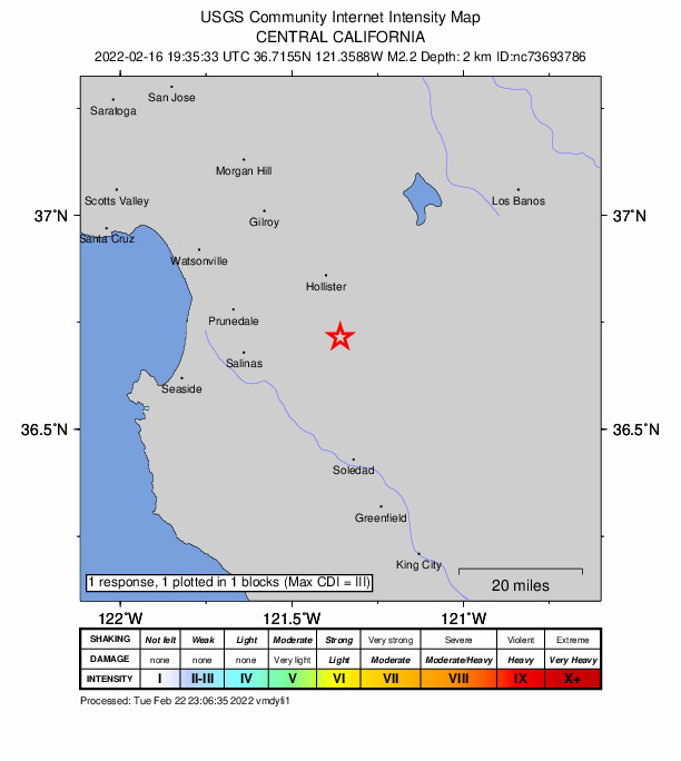 USGS DYFI community-reported intensity map for the M2.3 earthquake near 9km SSW of Tres Pinos, CA