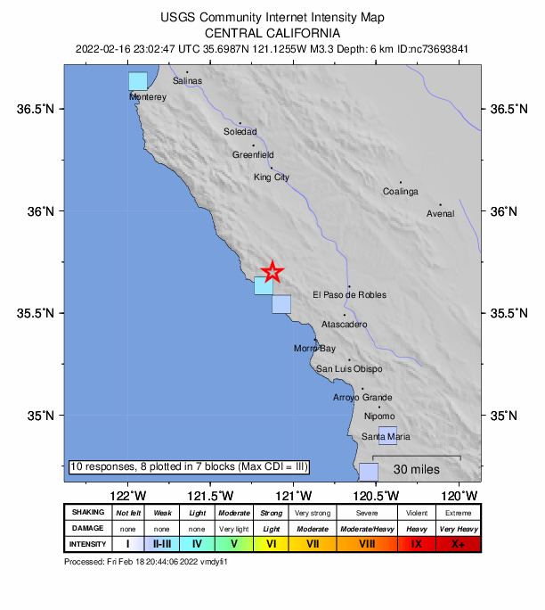 USGS DYFI community-reported intensity map for the M3.3 earthquake near 8km NE of San Simeon, CA