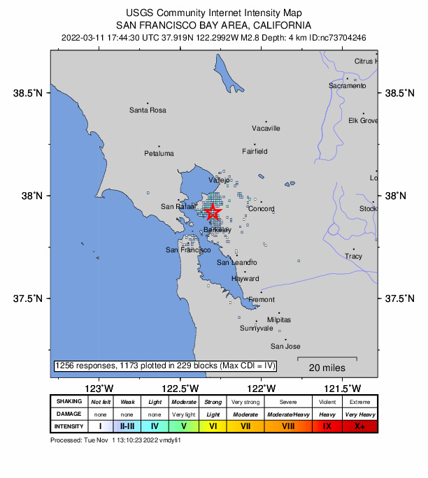 USGS DYFI community-reported intensity map for the M2.8 earthquake near 1km ENE of El Cerrito, CA