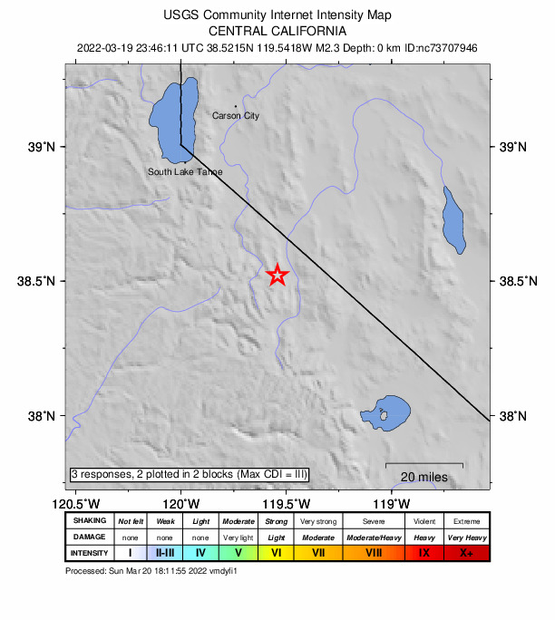 USGS DYFI community-reported intensity map for the M2.3 earthquake near 6km W of Walker, CA