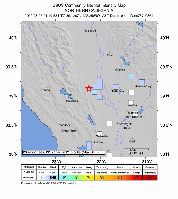 USGS DYFI community-reported intensity map for the M3.7 earthquake near 10km WSW of Williams, CA