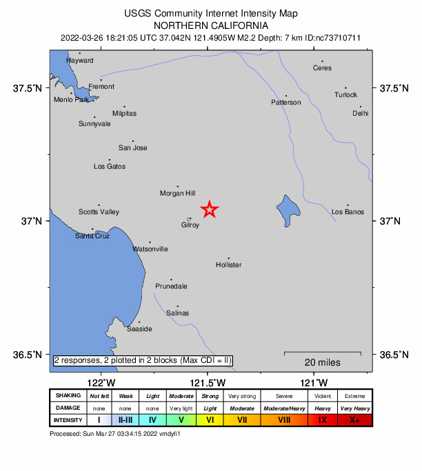USGS DYFI community-reported intensity map for the M2.2 earthquake near 8km ENE of Gilroy, CA