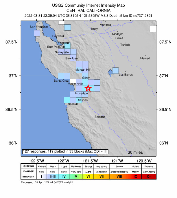 USGS DYFI community-reported intensity map for the M3.3 earthquake near 4km S of San Juan Bautista, CA