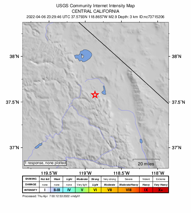 USGS DYFI community-reported intensity map for the M2.9 earthquake near 12km ESE of Mammoth Lakes, CA