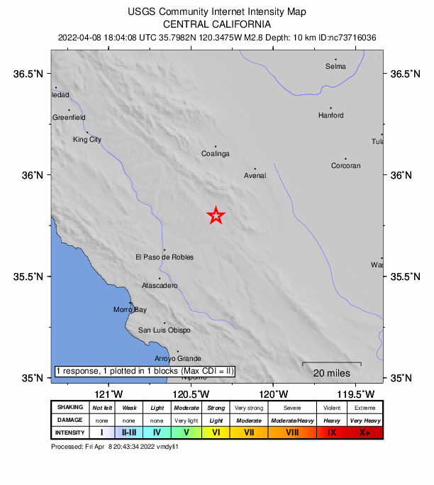 USGS DYFI community-reported intensity map for the M2.8 earthquake near 10km NNW of Cholame, CA