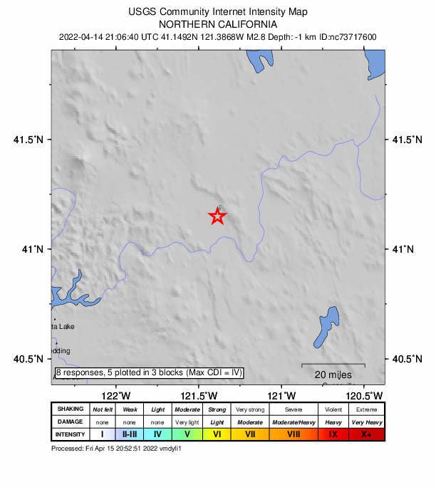 USGS DYFI community-reported intensity map for the M2.8 earthquake near 11km N of McArthur, CA