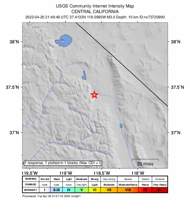 USGS DYFI community-reported intensity map for the M3.0 earthquake near 0km SW of Round Valley, CA