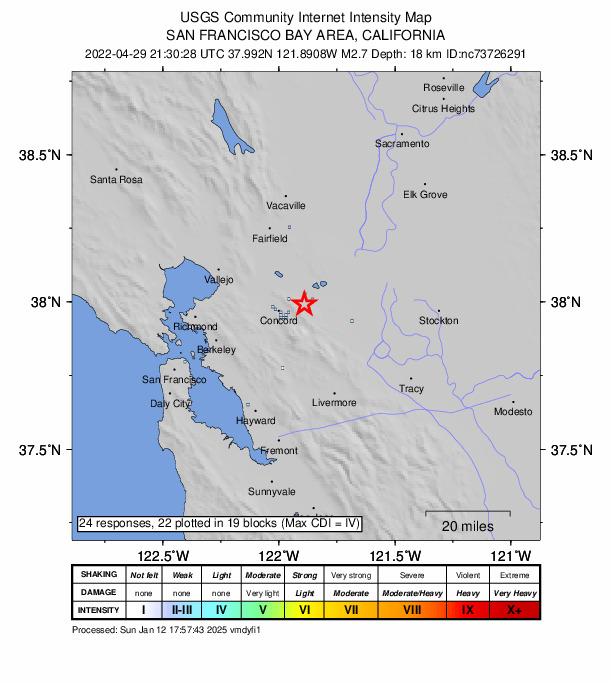 USGS DYFI community-reported intensity map for the M2.7 earthquake near 4km S of Pittsburg, CA