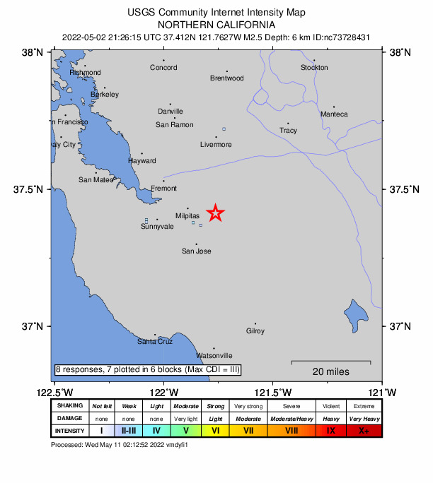 USGS DYFI community-reported intensity map for the M2.5 earthquake near 8km NE of Alum Rock, CA