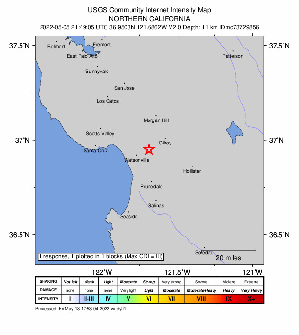 USGS DYFI community-reported intensity map for the M2.0 earthquake near 4km E of Interlaken, CA