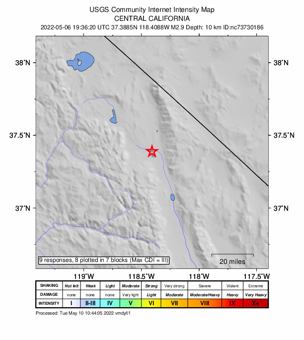 USGS DYFI community-reported intensity map for the M2.9 earthquake near 1km ENE of Dixon Lane-Meadow Creek, CA