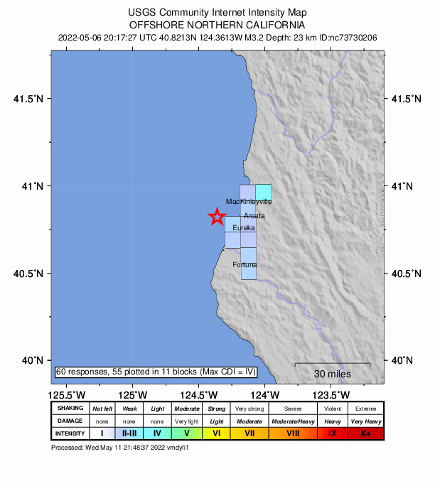 USGS DYFI community-reported intensity map for the M3.3 earthquake near 16km WNW of Bayview, CA