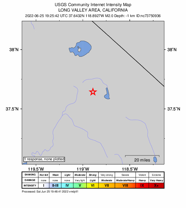 USGS DYFI community-reported intensity map for the M2.0 earthquake near 8km E of Mammoth Lakes, CA