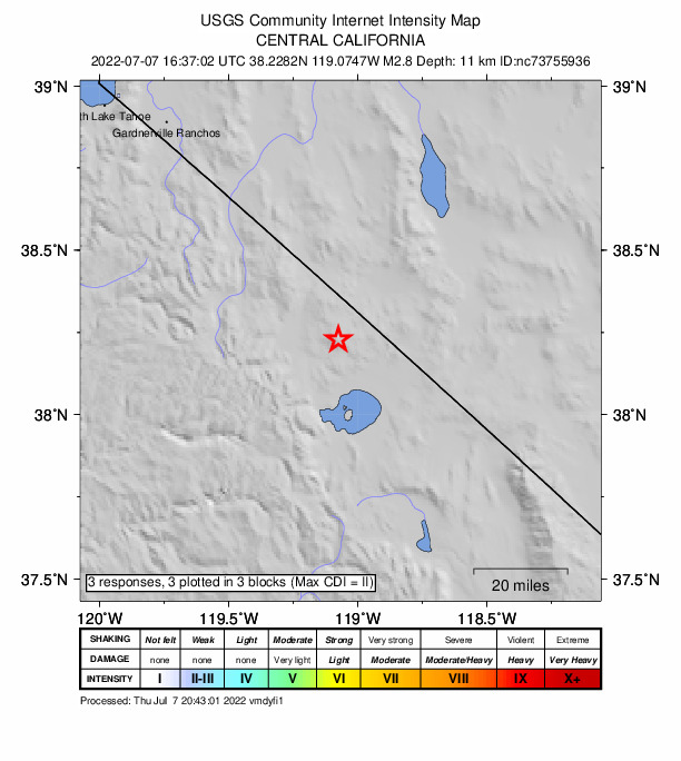 USGS DYFI community-reported intensity map for the M2.8 earthquake near 6km WNW of Bodie, CA
