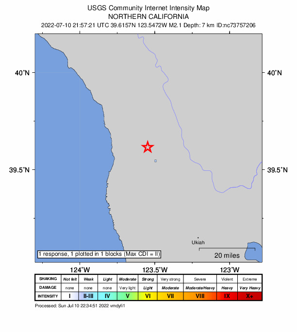 USGS DYFI community-reported intensity map for the M2.1 earthquake near 10km SW of Laytonville, CA