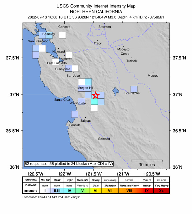 USGS DYFI community-reported intensity map for the M3.0 earthquake near 10km ESE of Gilroy, CA