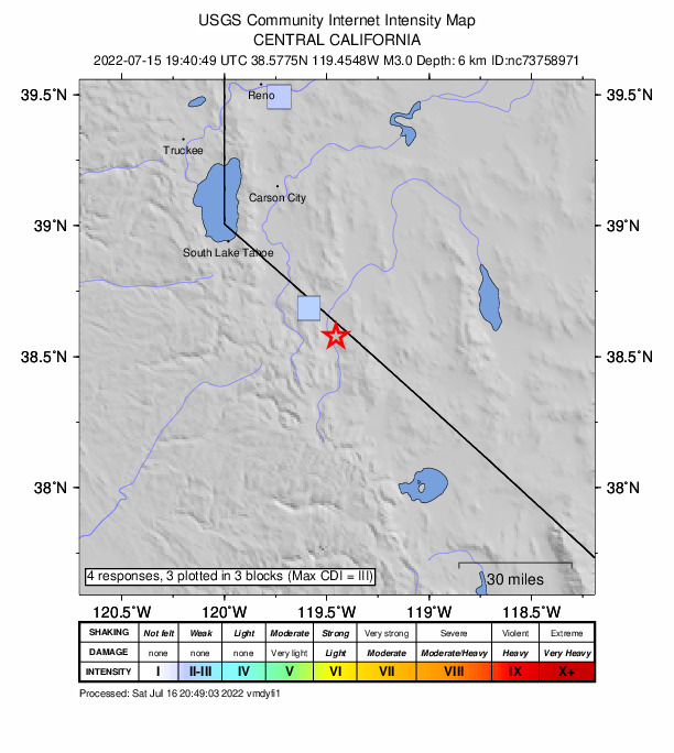 USGS DYFI community-reported intensity map for the M3.0 earthquake near 7km NNE of Walker, CA