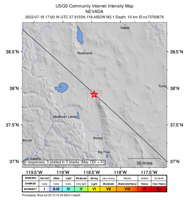USGS DYFI community-reported intensity map for the M3.1 earthquake near 44km NNE of Toms Place, CA