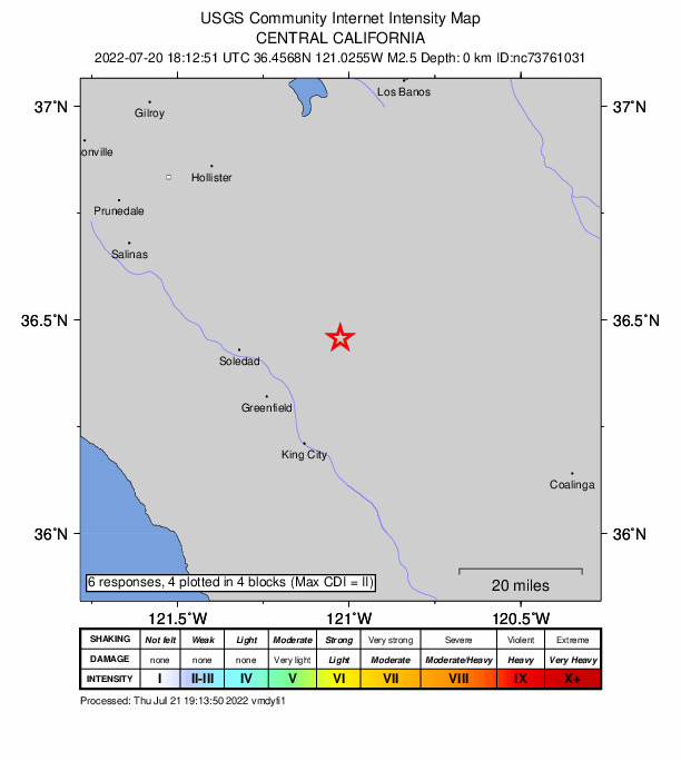 USGS DYFI community-reported intensity map for the M2.5 earthquake near 13km SE of Pinnacles, CA