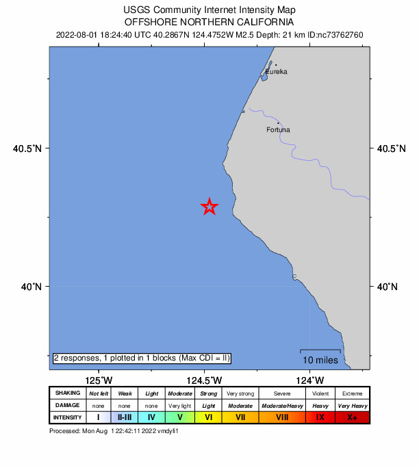 USGS DYFI community-reported intensity map for the M2.5 earthquake near 17km WSW of Petrolia, CA