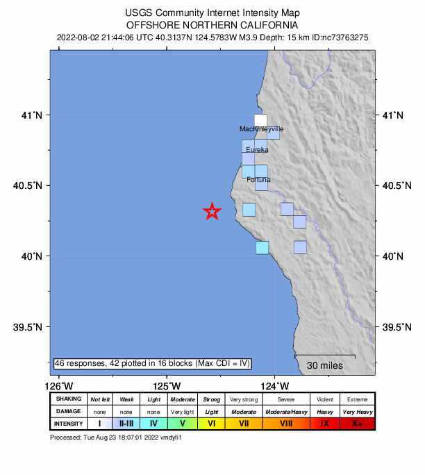 USGS DYFI community-reported intensity map for the M3.9 earthquake near 25km W of Petrolia, CA
