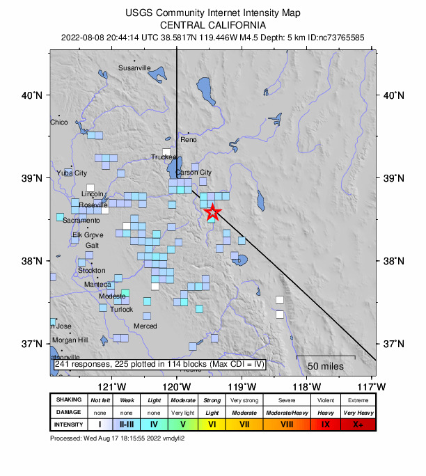 USGS DYFI community-reported intensity map for the M4.5 earthquake near 8km NNE of Walker, CA