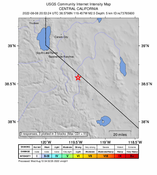 USGS DYFI community-reported intensity map for the M2.5 earthquake near 8km NNE of Walker, CA